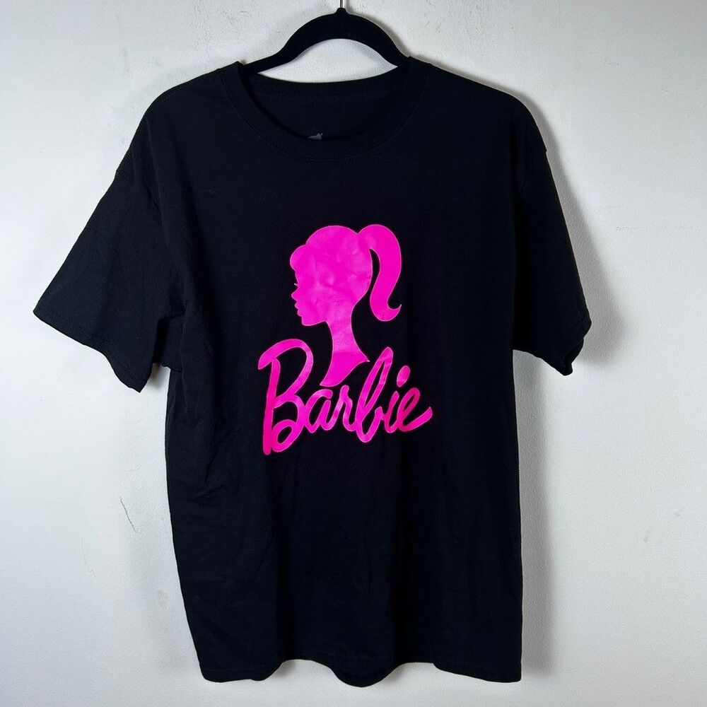 Barbie Graphic T-Shirt Womens Large Black Pink Silhouette Logo Hanes ComfortSoft - Picture 1 of 5